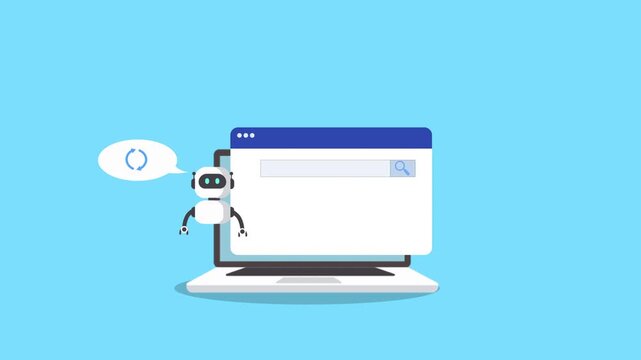 Minimal laptop illustration with an information window and small robot icon, representing help support, system information, and digital assistant guidance. Clean flat design for UI, apps, and technolo