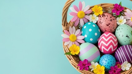 Wicker basket filled with colorful decorated Easter eggs and spring flowers on a blue background