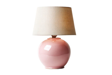 A small, round, pink table lamp with a cream-colored shade