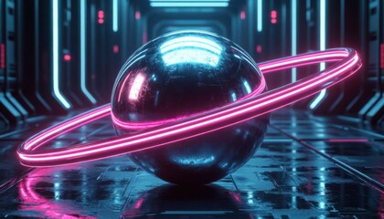 Neon sphere in corridor