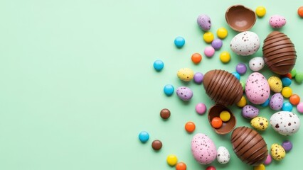 Assortment of colorful Easter eggs and candies scattered on a pastel green background