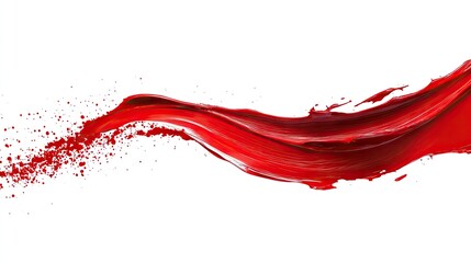 Elegant flowing wave of vivid red liquid with scattered splashes and flying droplets on clean white background