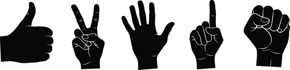 Obraz premium Silhouette vector set of 5 hand gestures thumbs up peace sign wave pointing and fist