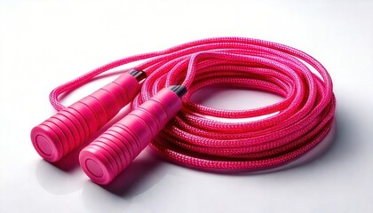 Pink jump rope on white background for fitness training.
