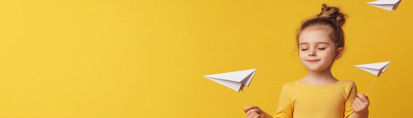 Dreamy Girl with Paper Planes on Yellow, Childhood, Imagination