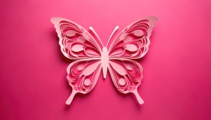 Pink paper butterfly art on a pink background, top view.
