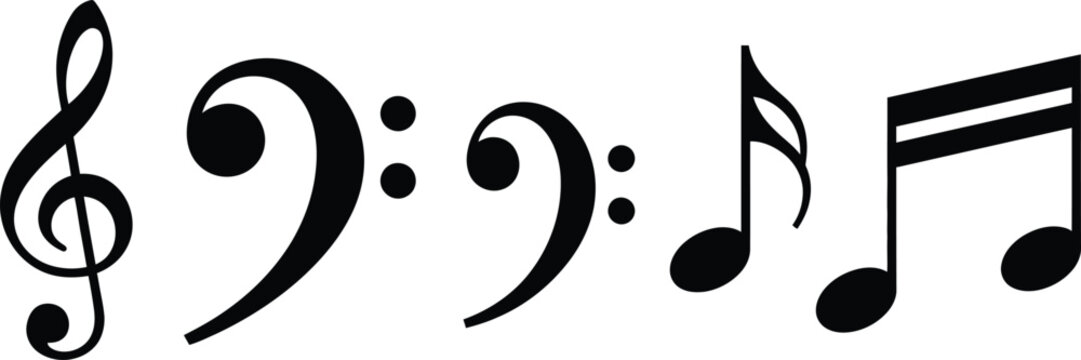 Silhouette vector set of 5 musical notes and symbols treble clef bass clef quarter note eighth note and beam