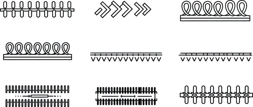 Outline illustration set of 6 sewing stitch patterns straight zigzag overcast blind hem and buttonhole
