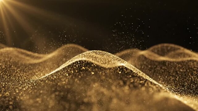 Abstract golden shimmering particles flowing and swirling with light effects in a dynamic composition