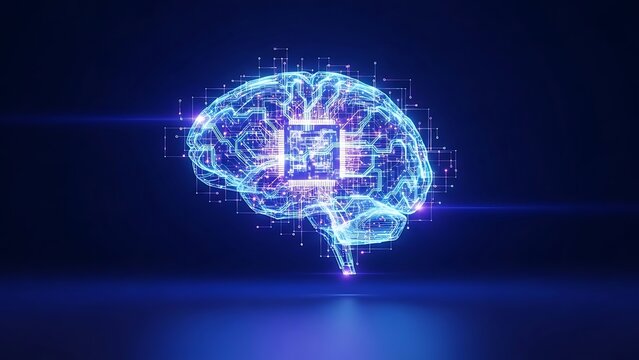 Glowing blue digital brain illustration representing artificial intelligence - Powered by Adobe