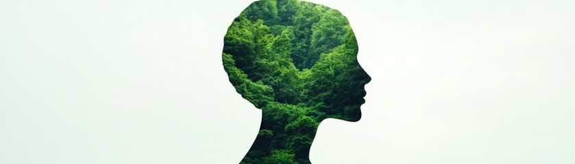Forest Mind Silhouette of a Woman Filled with Lush Green Trees, Ecology , Nature