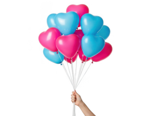 Hand holding heart-shaped balloons isolated on transparent background