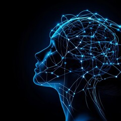 Glowing Brain Network AI Female Profile on Dark Background, Neural Network , Technology