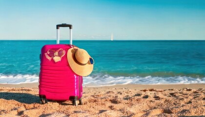 Pink suitcase and straw hat on a sandy beach.