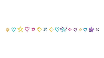 Cute doodle border with stars, hearts, flowers, and crosses in bright neon colors