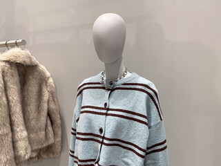 Mannequin displaying striped sweater and fur coat in fashion store