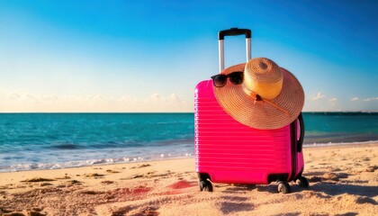Pink suitcase with hat and sunglasses on a tropical beach.
