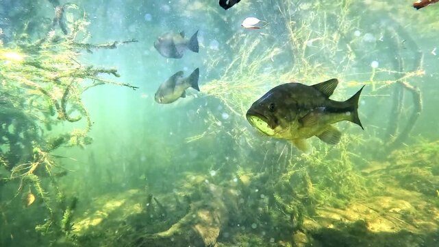 Underwater foreground view of a black bass &ndash; Micropterus salmoides &ndash; watching an intruder, showing fear response before suddenly turning and swimming away, illustrating alert freshwater behavior. 