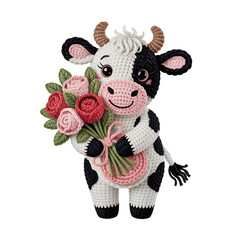 Cute Crochet Cow Holding Flower Bouquet Illustration.