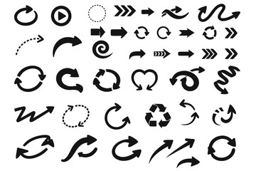 Naklejka premium A collection of arrows in various shapes and sizes. Some arrows are curved, while others are straight. The collection of arrows is meant to convey a sense of movement and direction