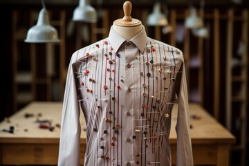 Mannequin displaying bespoke shirt decorated with colorful buttons and tailor's pins in a workshop