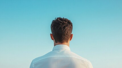 Man in White Shirt Gazing at Blue Sky,Perspective ,Contemplation
