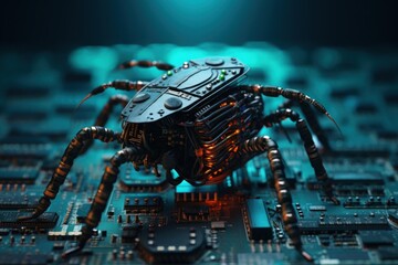 Robotic bug with glowing lights crawling across a detailed blue circuit board