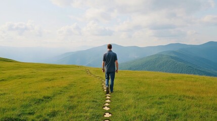 Man Walks on Path to Mountains, Journey , Adventure