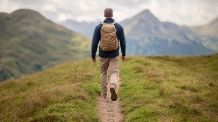 Man with Backpack Hiking Towards Mountains on Green Trail, Adventure , Outdoors