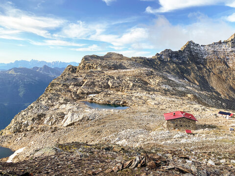 Hiking through the magnificent high mountain landscape with peaks and glaciers of the South Tyrolean Alps in the Antholz Valley near Bruneck, Rieserferner area of ​​the Dolomites, South Tyrol, Italy
