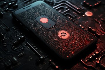 Smartphone display visualizing complex electronic circuit patterns with glowing red lines