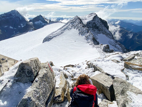 Hiking through the magnificent high mountain landscape with peaks and glaciers of the South Tyrolean Alps in the Antholz Valley near Bruneck, Rieserferner area of ​​the Dolomites, South Tyrol, Italy