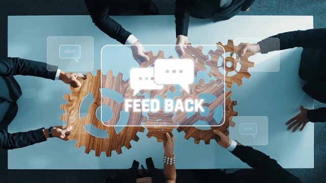 Business team engages in a collaborative feedback session, utilizing gears and speech bubbles in a modern office setup to enhance communication and innovation. Raster