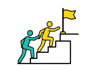 Two people climbing stairs with a flag on top, symbolizing teamwork and success