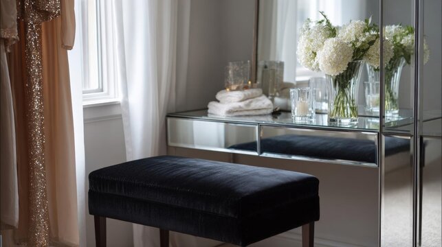 Modern dressing table with a mirror and a black bench in front of it. the table is made of mirrored glass and has a sleek and elegant design.