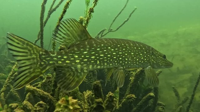 Close underwater view of a northern pike &ndash; Esox lucius &ndash; highlighting tail beats and fin movements during slow, controlled swimming, revealing efficient freshwater predator propulsion. 