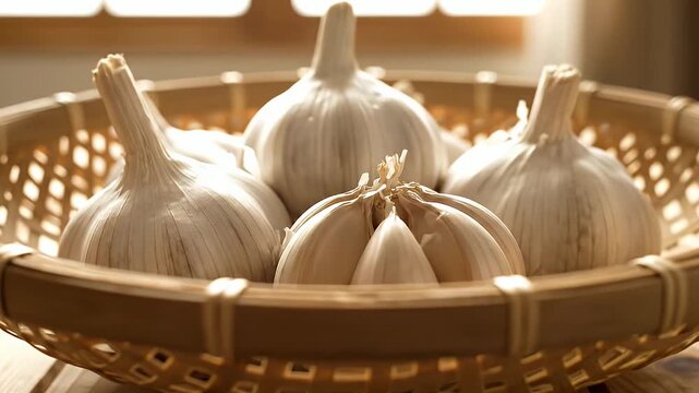 Several pristine garlic bulbs are shown in a natural bamboo basket for food seasoning. The shot is perfect for food photography with its warm natural light. ai generated