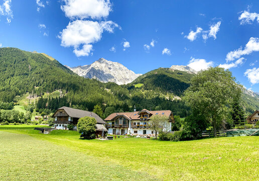 Hiking through the magnificent high mountain landscape with peaks and glaciers of the South Tyrolean Alps in the Antholz Valley near Bruneck, Rieserferner area of ​​the Dolomites, South Tyrol, Italy
