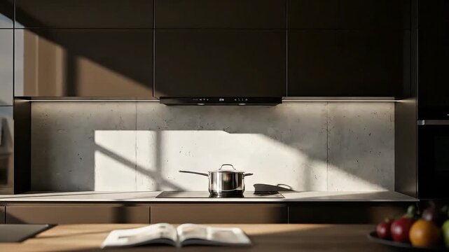 Modern kitchen interior with sleek countertops and appliances illuminated by natural sunlight streaming through the window.