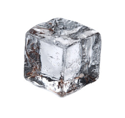 Obraz premium A single, clear ice cube, perfectly cubic in shape, with slightly textured facets. 