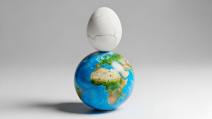 Fototapeta premium A cracked white egg precariously balanced on a globe, symbolizing the fragile state of planet earth. illustration