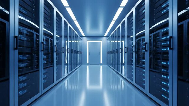 Illuminated server room hallway featuring rows of computer racks and blue ambient lighting.