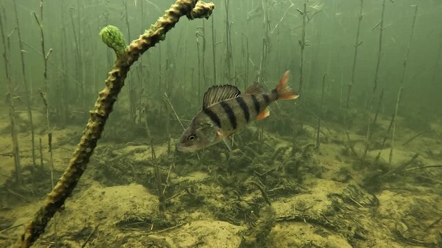 Underwater view of a European perch &ndash; Perca fluviatilis &ndash; motionless beneath a branch, then alone in open water, within a lake environment of sand and aquatic plants, showing calm freshwater behavior.