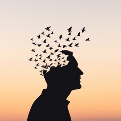 Silhouette Man with Birds Leaving Head, Freedom , Mental Health