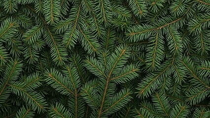 Dense foliage of green fir tree branches with needle-like leaves filling the frame