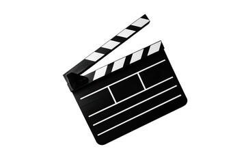 A black movie clapperboard with white stripes, angled, isolated on a black background