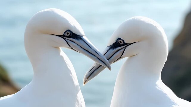 Two Northern Gannets touch their heads in a tender welcoming gesture after landing. The birds are filmed in a beautiful and soft high key lighting style. ai generated