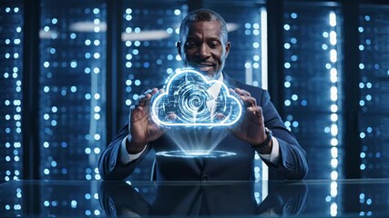 Businessman holds cloud computing hologram with circular data pattern in futuristic office. Executive presents cloud technology with glowing holographic interface. Professional displays cloud storage - Powered by Adobe