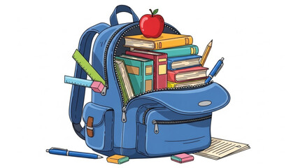 Blue Backpack Full of Books and Stationery on White Background
