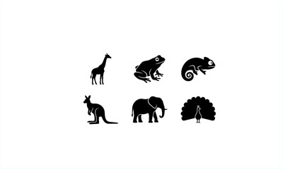 Set of black animal silhouettes including giraffe, frog, chameleon, kangaroo, elephant, and peacock. Minimal flat icon collection isolated on white background.
